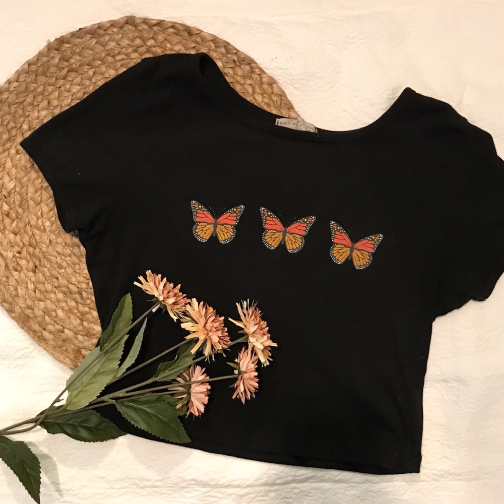 EUC Urban Outfitters Black Butterfly Crop Top